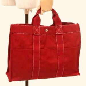 HERMES DEAUVILLE PM Red Canvas Tote Bag LIKE NEW CONDITION. Unisex. 22x30x8(HWD)